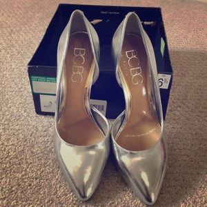 BCBG metallic silver pumps.